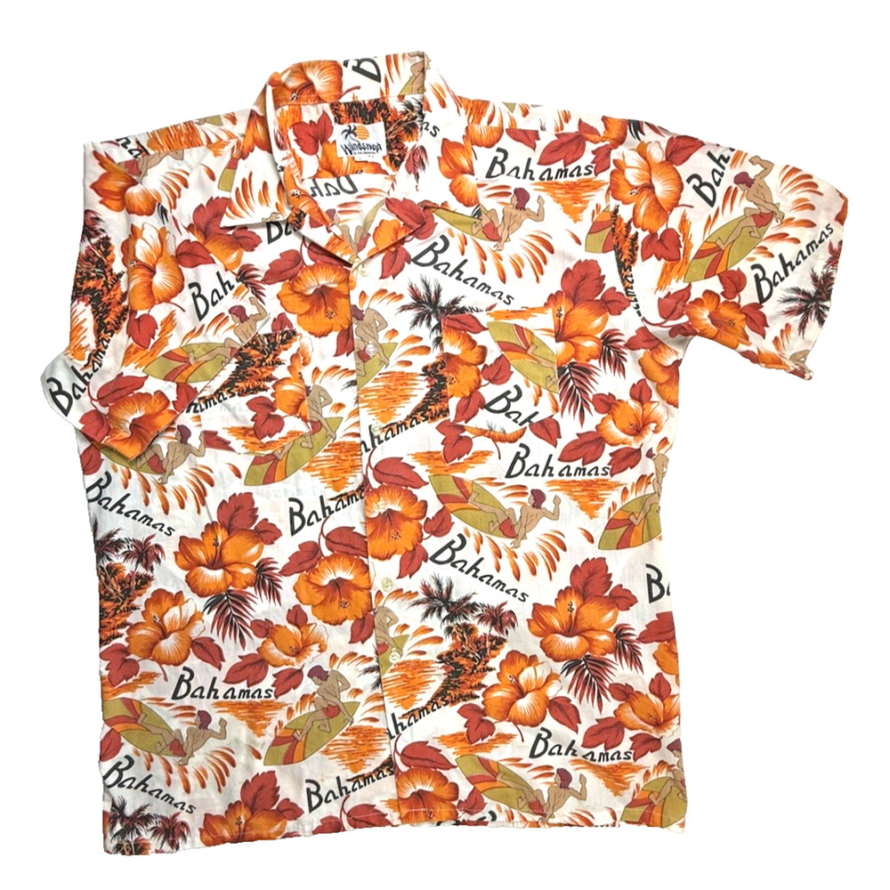 Bahamas mens Shirt windswept Large orange floral Hawaiian Beach Party EUC